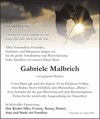 Traueranzeige von Gabriele Malbricht von Sächsische Zeitung