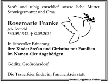 Traueranzeige von Rosemarie Franke von Sächsische Zeitung