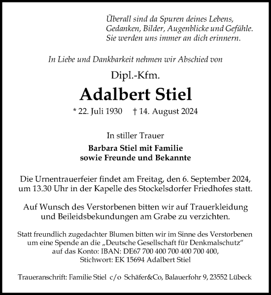 Traueranzeige von Adalbert Stiel von Lübecker Nachrichten