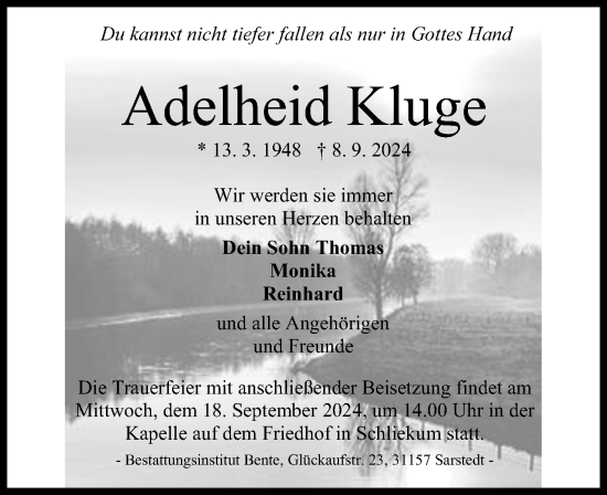 Traueranzeige von Adelheid Kluge von Hannoversche Allgemeine Zeitung/Neue Presse