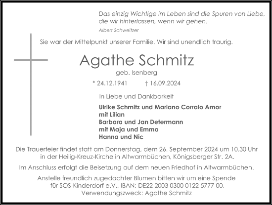 Traueranzeige von Agathe Schmitz von Hannoversche Allgemeine Zeitung/Neue Presse