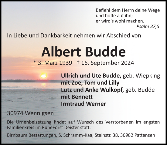 Traueranzeige von Albert Budde von Hannoversche Allgemeine Zeitung/Neue Presse