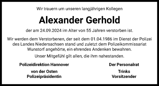 Traueranzeige von Alexander Gerhold von Hannoversche Allgemeine Zeitung/Neue Presse