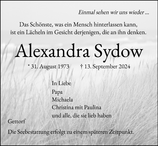 Traueranzeige von Alexandra Sydow von Kieler Nachrichten