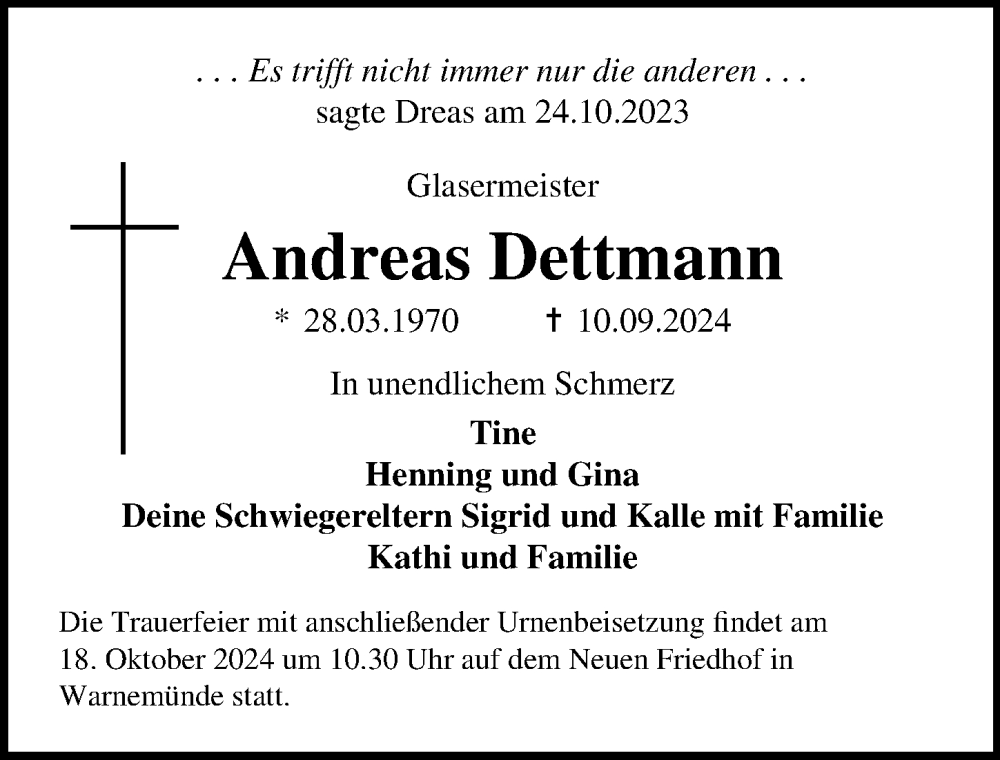  Traueranzeige für Andreas Dettmann vom 14.09.2024 aus Ostsee-Zeitung GmbH