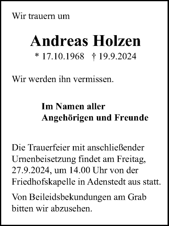 Traueranzeige von Andreas Holzen von Peiner Allgemeine Zeitung