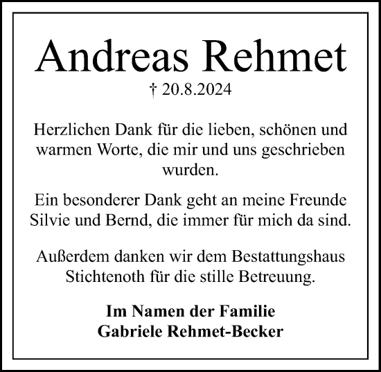 Traueranzeige von Andreas Rehmet von Göttinger Tageblatt