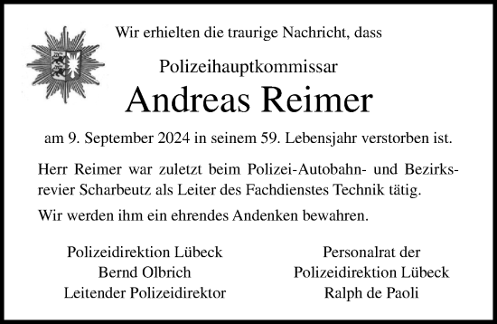 Traueranzeige von Andreas Reimer von Lübecker Nachrichten