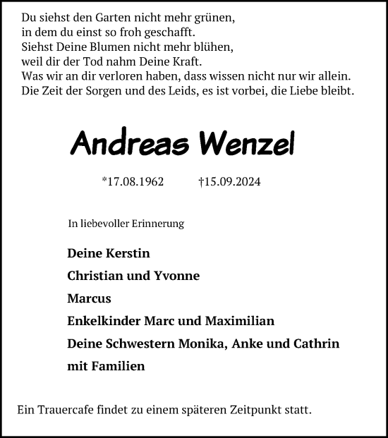 Traueranzeige von Andreas Wenzel von Ostsee-Zeitung GmbH