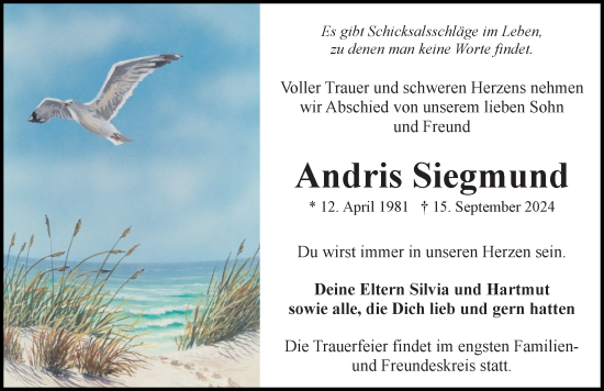 Traueranzeige von Andris Siegmund von Ostsee-Zeitung GmbH