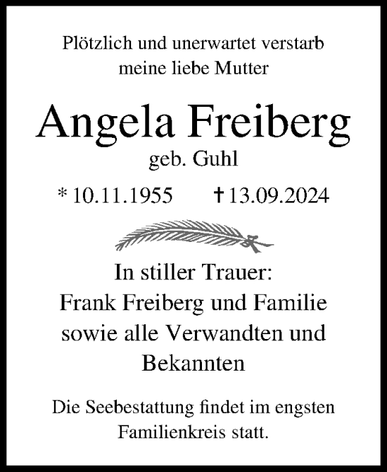 Traueranzeige von Angela Freiberg von Ostsee-Zeitung GmbH