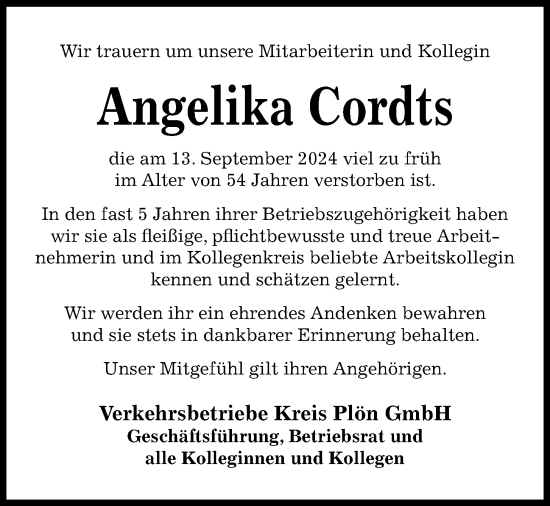 Traueranzeige von Angelika Cordts von Kieler Nachrichten