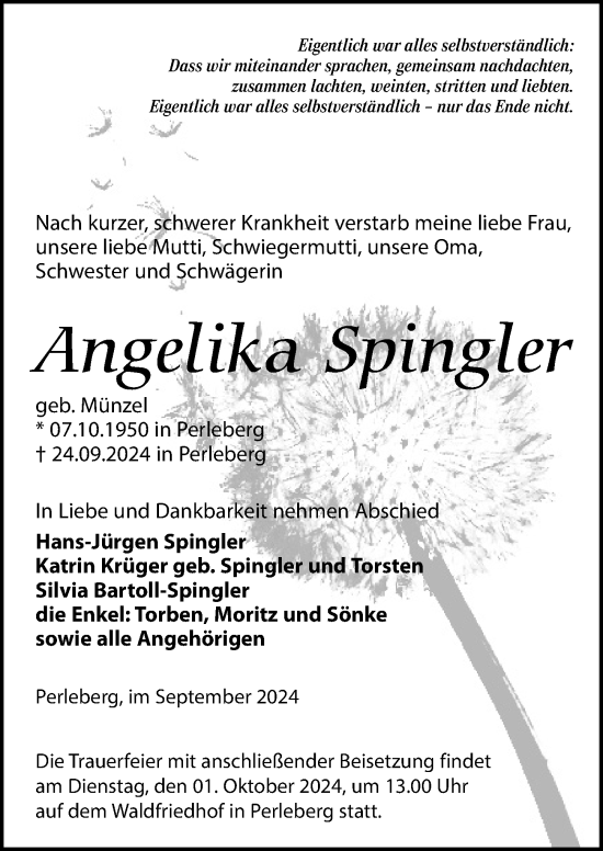 Traueranzeige von Angelika Spingler von Wochenspiegel