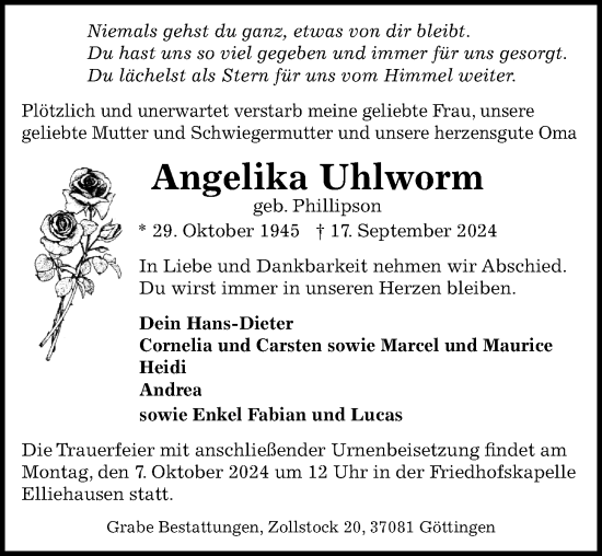 Traueranzeige von Angelika Uhlworm von Göttinger Tageblatt