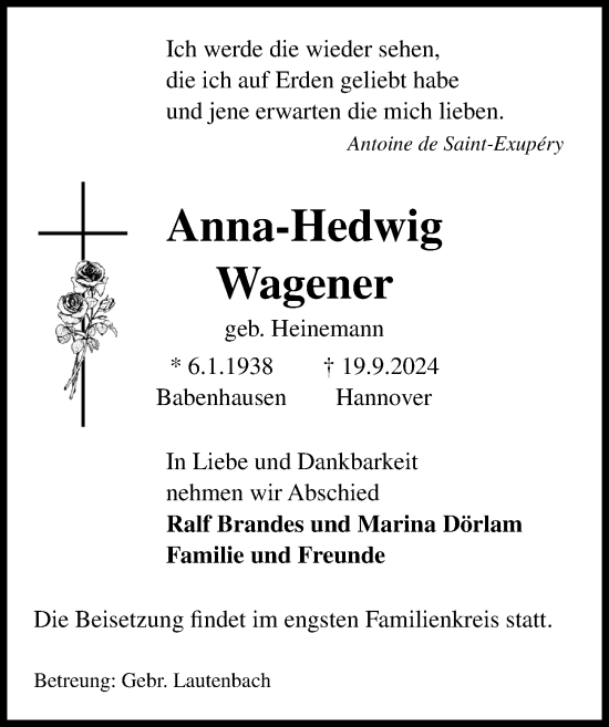 Traueranzeige von Anna-Hedwig Wagener von Hannoversche Allgemeine Zeitung/Neue Presse