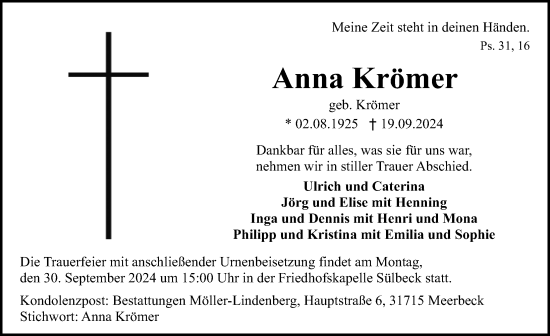 Traueranzeige von Anna Krömer von Schaumburger Nachrichten