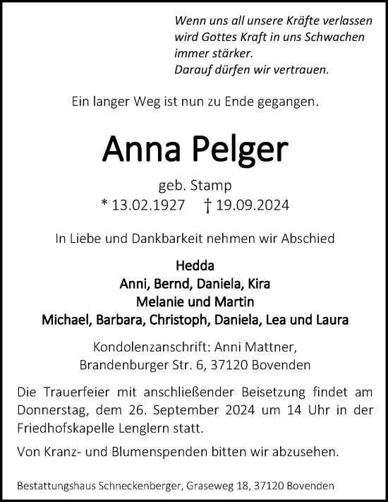 Traueranzeige von Anna Pelger von Göttinger Tageblatt