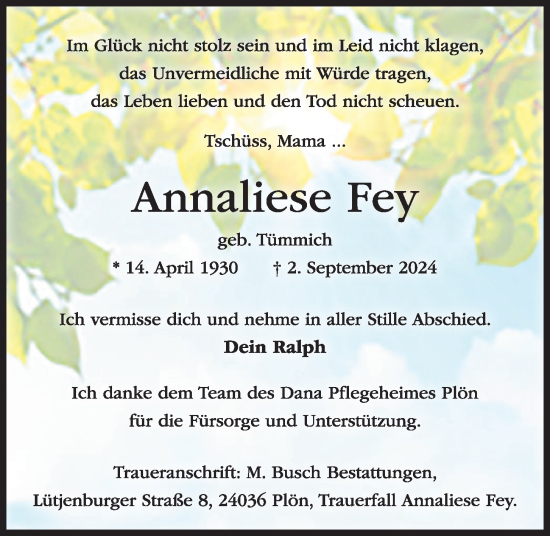 Traueranzeige von Annaliese Fey von Kieler Nachrichten