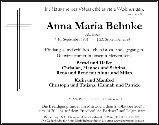 Traueranzeige von Anna Maria Behnke von Peiner Allgemeine Zeitung