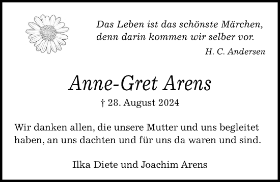 Traueranzeige von Anne-Gret Arens von Kieler Nachrichten