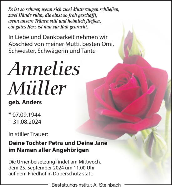 Traueranzeige von Annelies Müller von Leipziger Volkszeitung