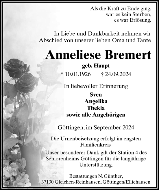 Traueranzeige von Anneliese Bremert von Göttinger Tageblatt