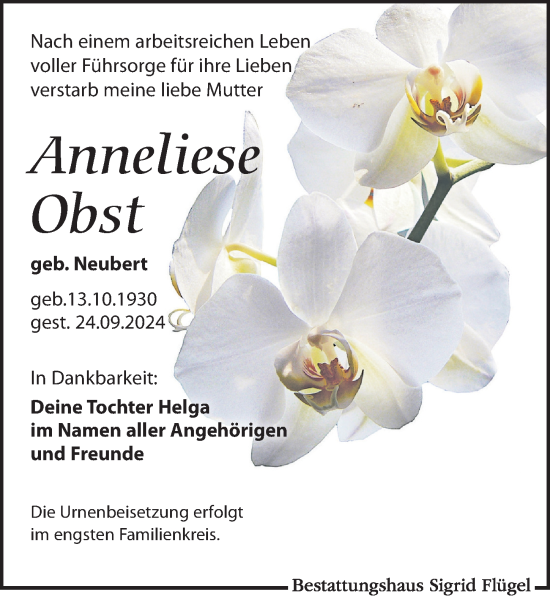 Traueranzeige von Anneliese Obst von Leipziger Volkszeitung