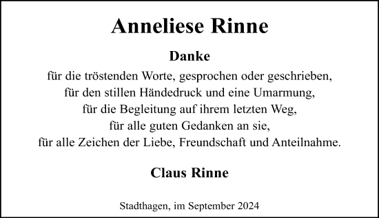 Traueranzeige von Anneliese Rinne von Schaumburger Nachrichten