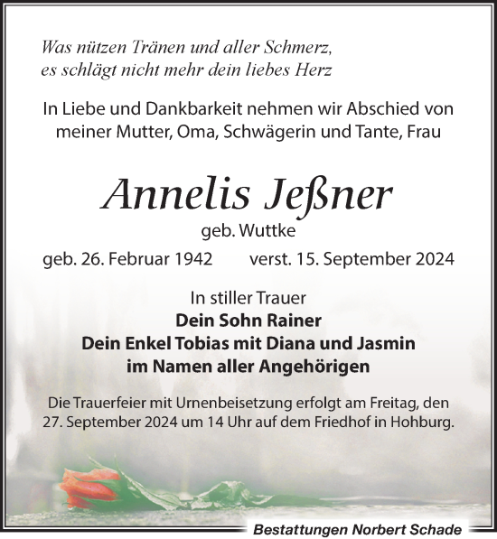 Traueranzeige von Annelis Jeßner von Leipziger Volkszeitung