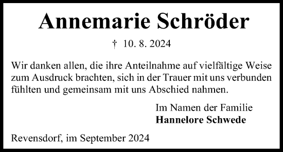 Traueranzeige von Annemarie Schröder von Kieler Nachrichten