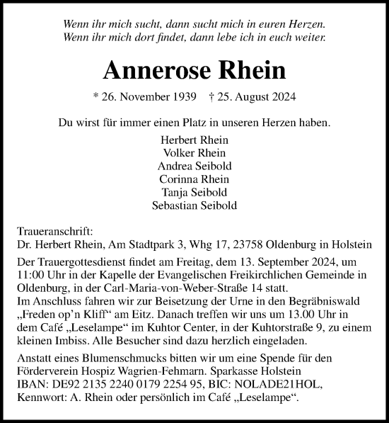 Traueranzeige von Annerose Rhein von Lübecker Nachrichten