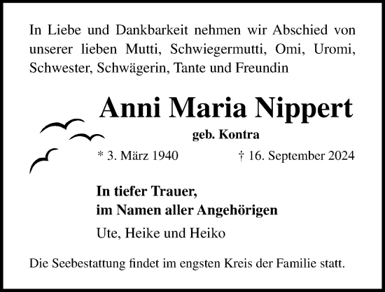 Traueranzeige von Anni Maria Nippert von Ostsee-Zeitung GmbH