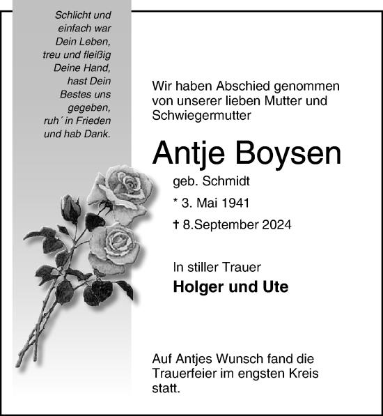 Traueranzeige von Antje Boysen von Lübecker Nachrichten