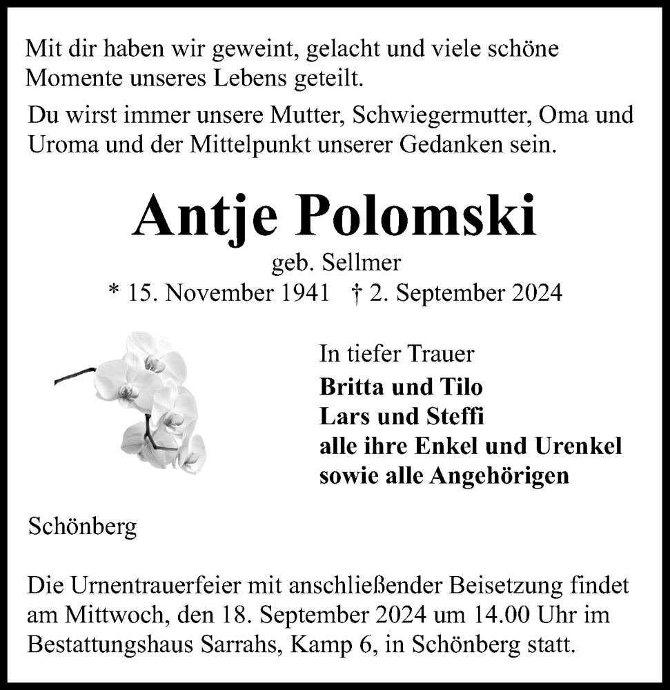  Traueranzeige für Antje Polomski vom 13.09.2024 aus Kieler Nachrichten