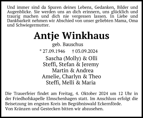 Traueranzeige von Antje Winkhaus von Kieler Nachrichten