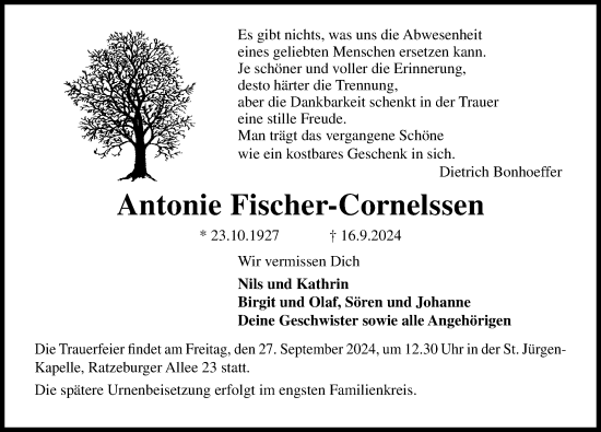 Traueranzeige von Antonie Fischer-Cornelssen von Lübecker Nachrichten