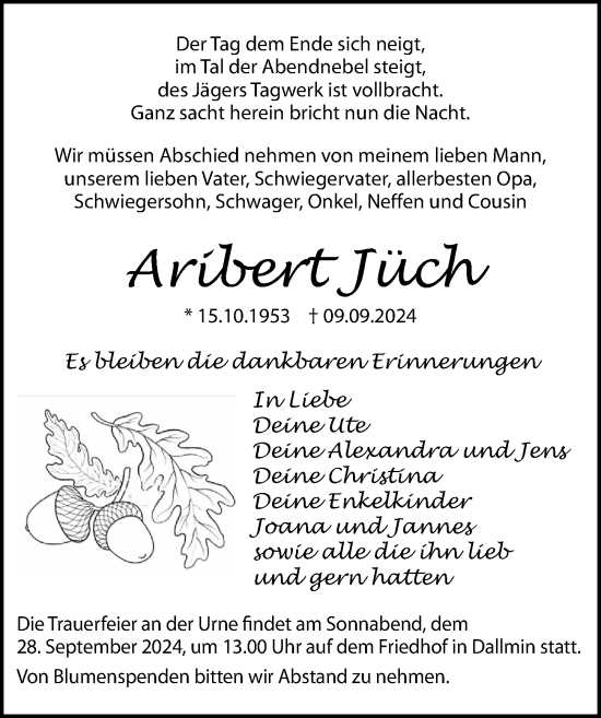 Traueranzeige von Aribert Jüch von Wochenspiegel