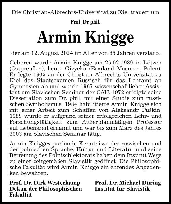 Traueranzeige von Armin Knigge von Kieler Nachrichten