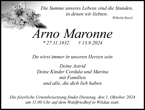 Traueranzeige von Arno Maronne von Märkischen Allgemeine Zeitung