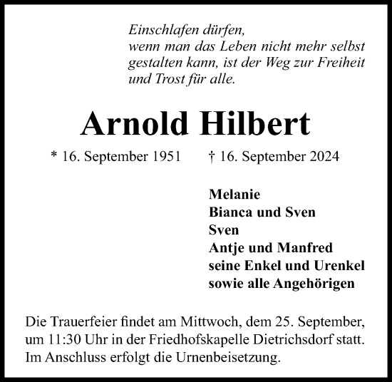 Traueranzeige von Arnold Hilbert von Kieler Nachrichten