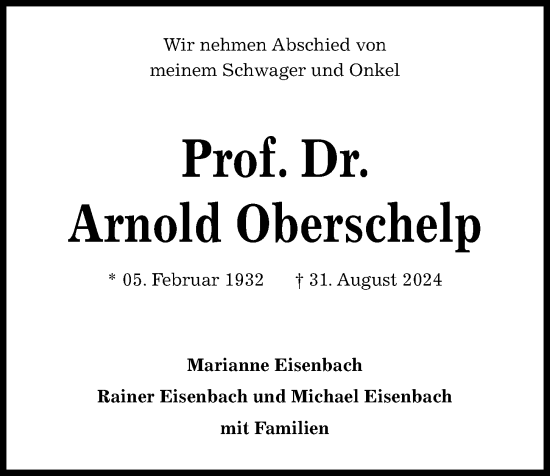 Traueranzeige von Arnold Oberschelp von Kieler Nachrichten