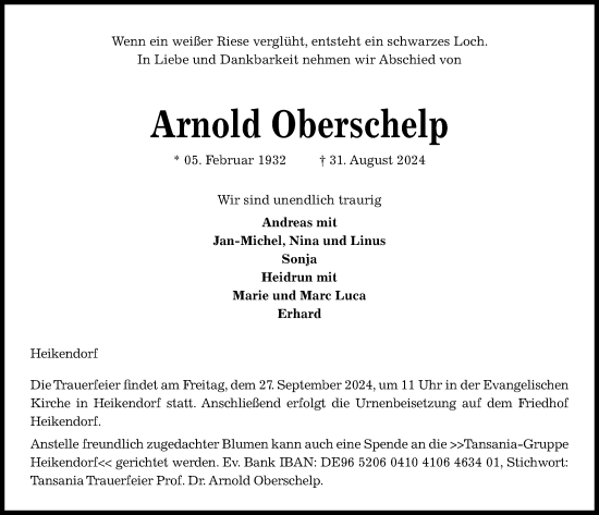 Traueranzeige von Arnold Oberschelp von Kieler Nachrichten