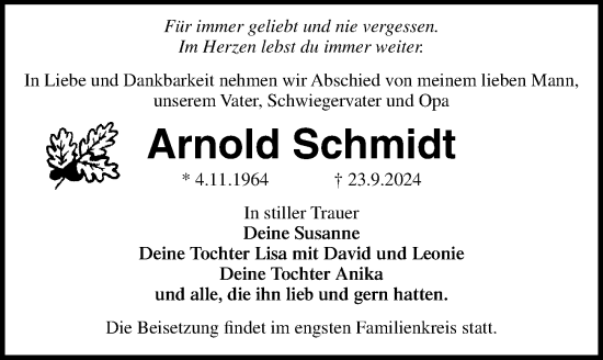 Traueranzeige von Arnold Schmidt von Ostsee-Zeitung GmbH