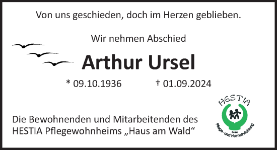 Traueranzeige von Arthur Ursel von Ostsee-Zeitung GmbH