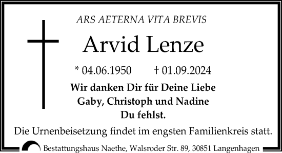 Traueranzeige von Arvid Lenze von Hannoversche Allgemeine Zeitung/Neue Presse