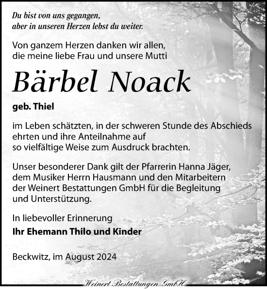 Traueranzeige von Bärbel Noack von Torgauer Zeitung