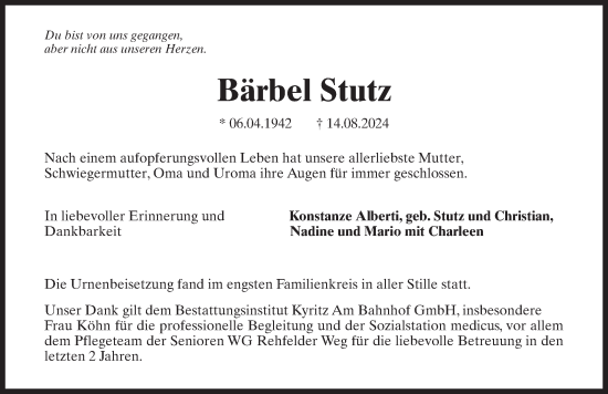 Traueranzeige von Bärbel Stutz von Wochenspiegel