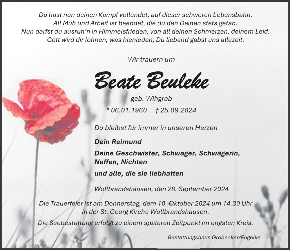  Traueranzeige für Beate Beuleke vom 28.09.2024 aus Eichsfelder Tageblatt