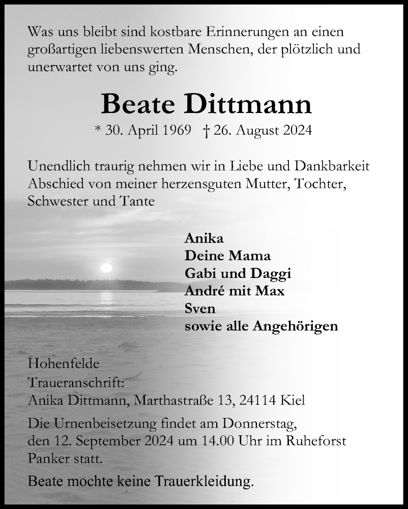  Traueranzeige für Beate Dittmann vom 06.09.2024 aus Kieler Nachrichten