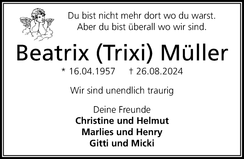  Traueranzeige für Beatrix Müller vom 07.09.2024 aus Aller Zeitung